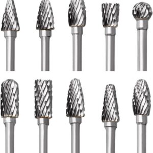 Tungsten Carbide Rotary Burr Set for Dremel and Rotary Tools, 10PCS Double Cut Burr Bits with 1/8” Shank – Precision Carving, Engraving, Drilling, Deburring, Metalworking, Woodworking Accessories